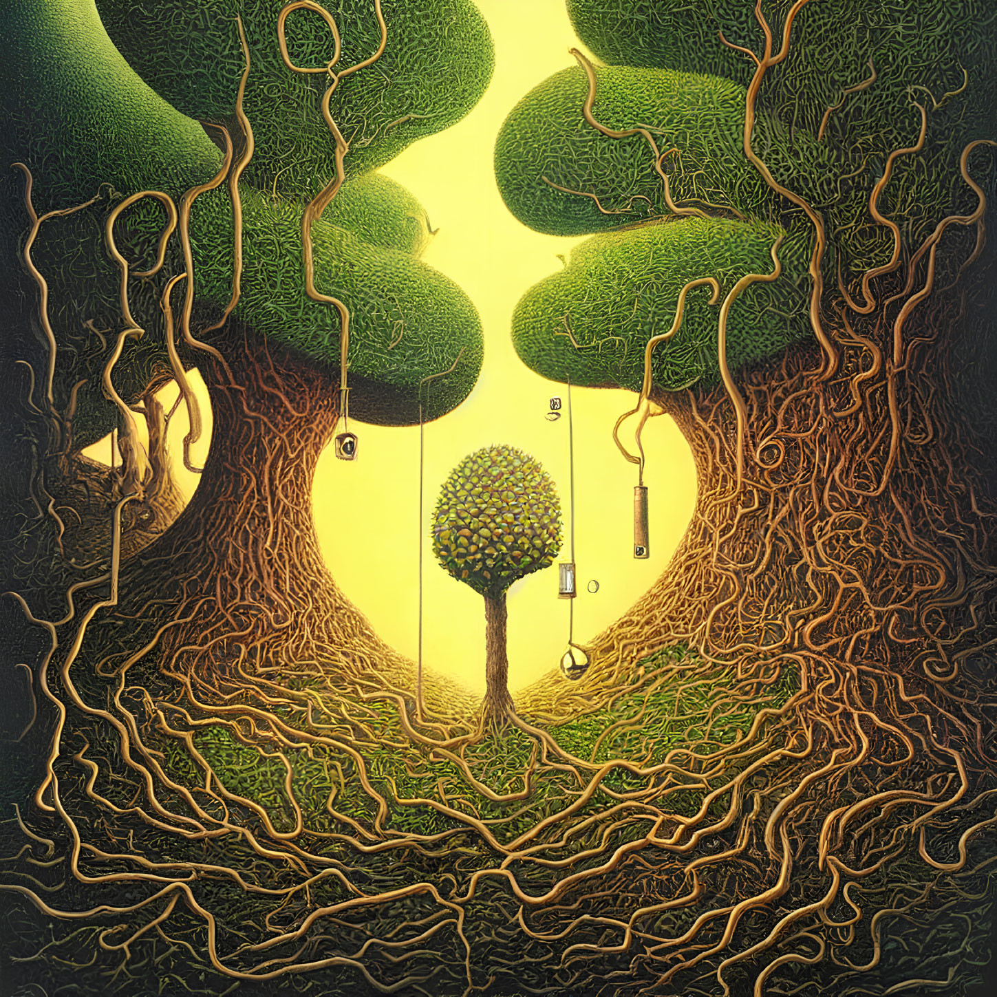 Intricate Roots Forming Door-like Shapes in Fantasy Tree Scene