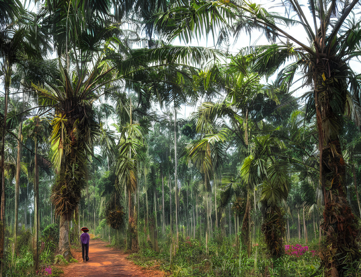 Person Walking on Dirt Path Surrounded by Palm Trees in Tropical Forest