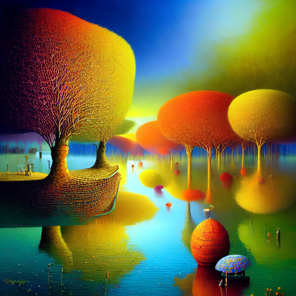 Colorful surreal painting: rounded trees, boat-shaped base, figures with umbrellas