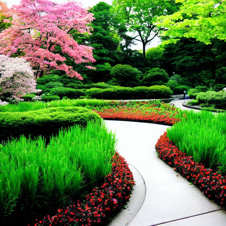 Lush Garden Path with Vibrant Greenery and Colorful Flowers