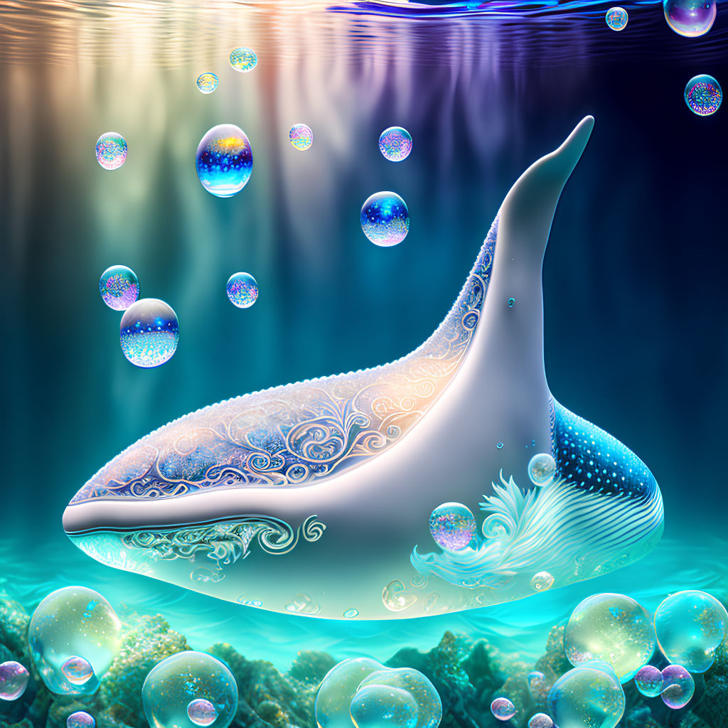 Stylized whale with intricate patterns submerged in water