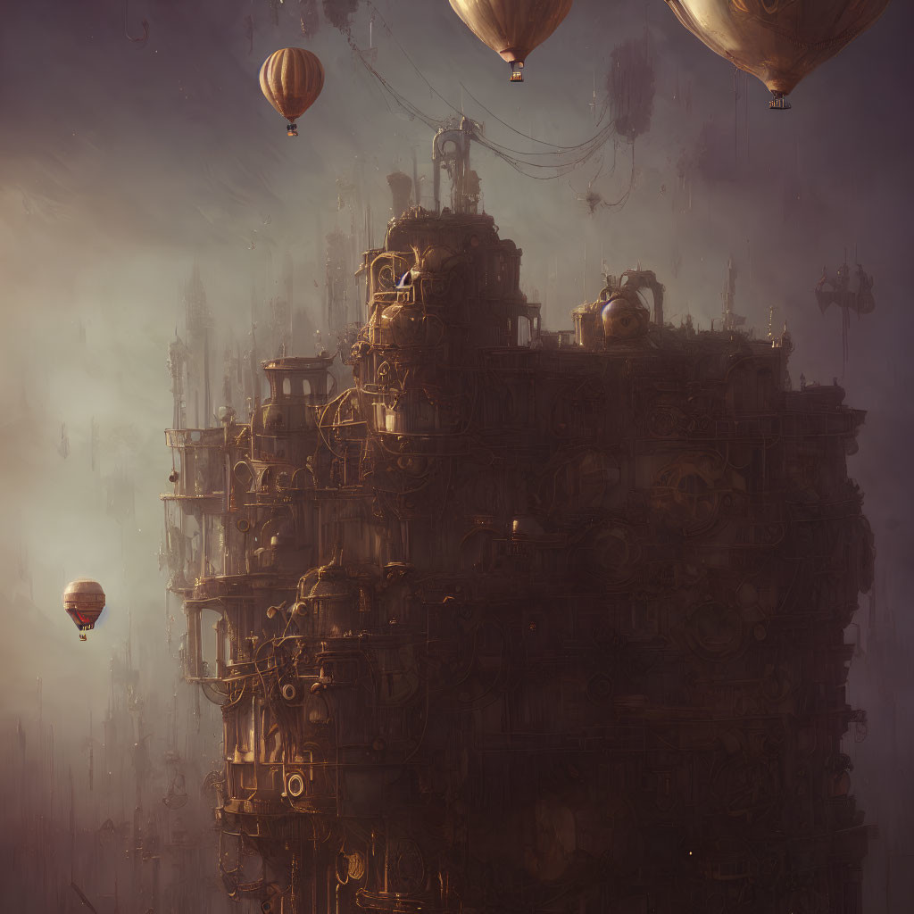 Intricate steampunk cityscape with hot air balloons in foggy setting