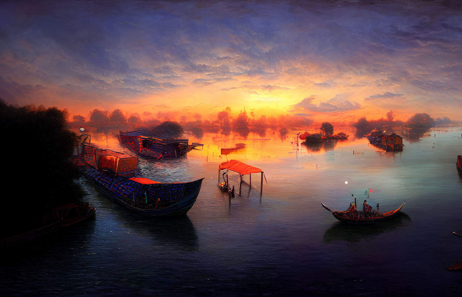 Tranquil river sunset with silhouetted boats and warm reflections