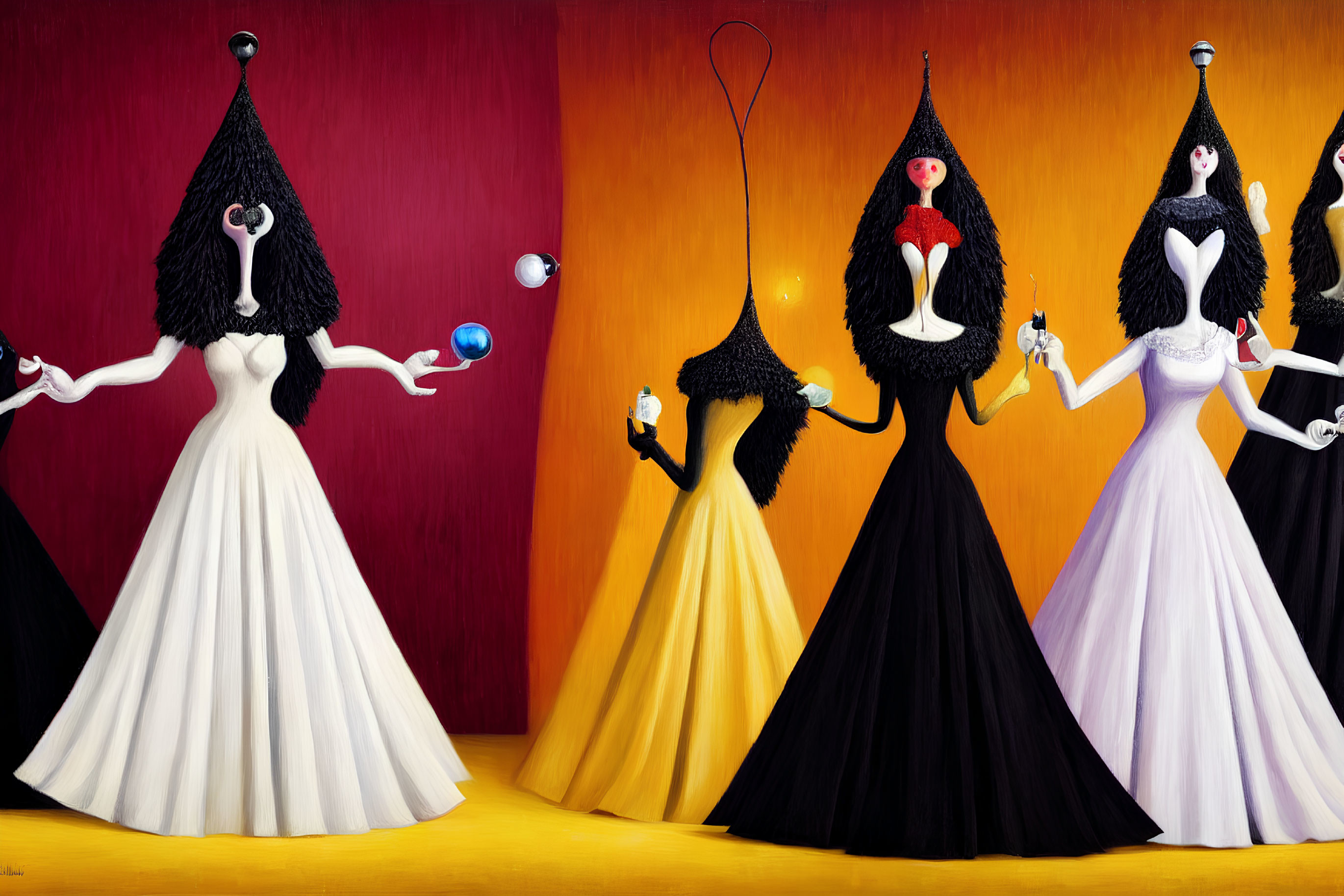 Surreal Artwork: Five Female Figures in Elongated Neck Ball Gowns