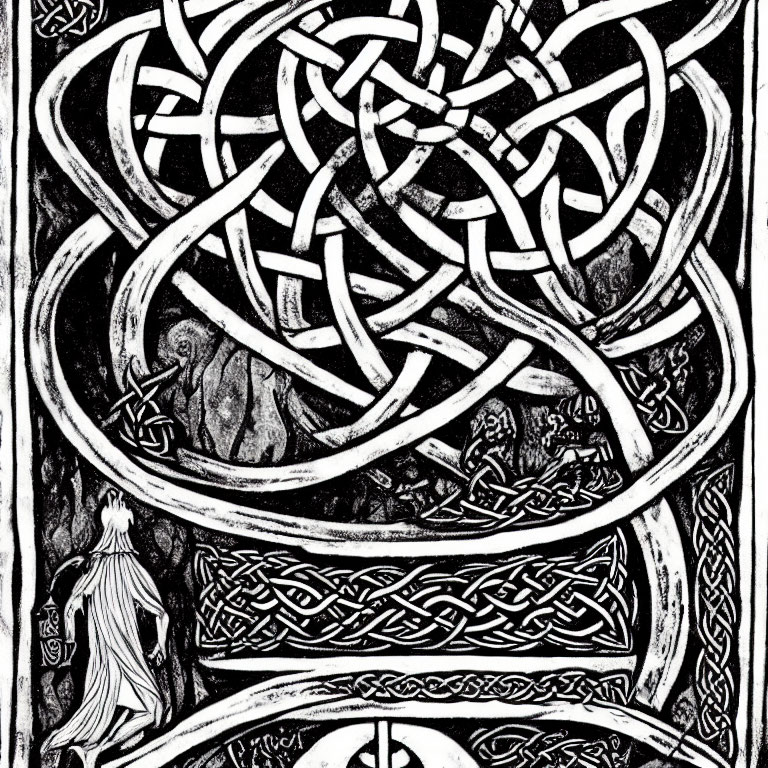 Detailed black and white Celtic knotwork illustration with medieval and fantasy figures.