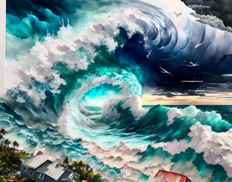 Surreal image: massive wave over small houses, dynamic sky