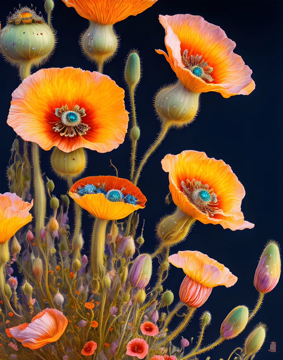 Colorful Orange Poppies on Dark Background