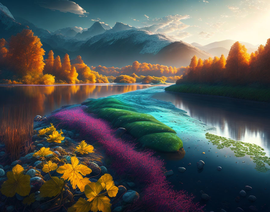 Colorful River Landscape with Majestic Mountains