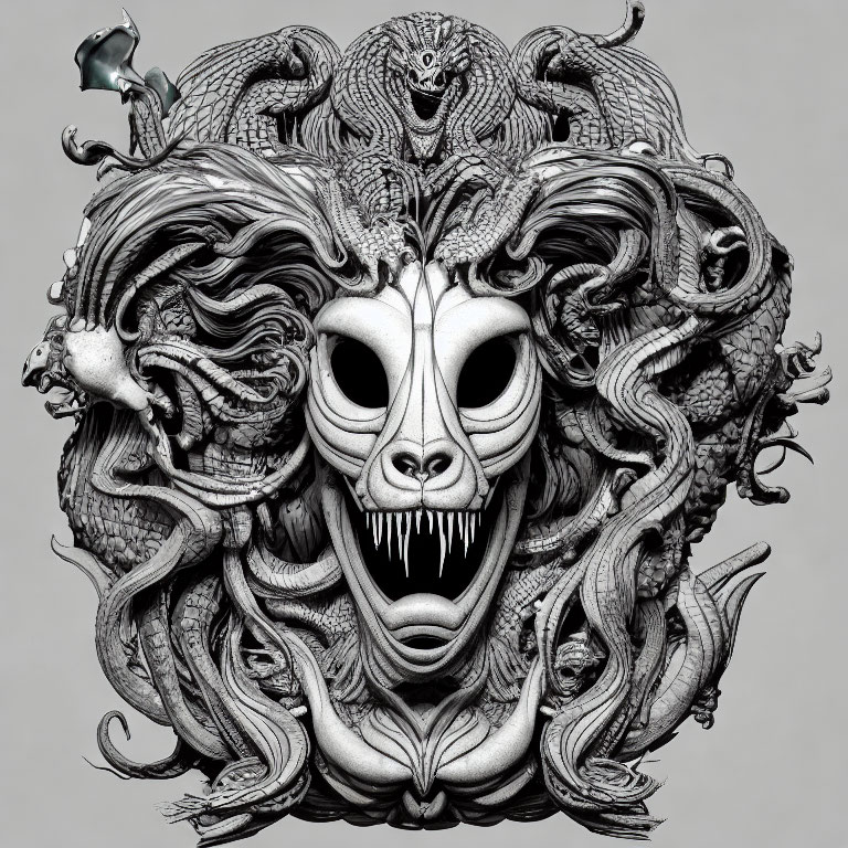 Monochrome Medusa head illustration with screaming expression