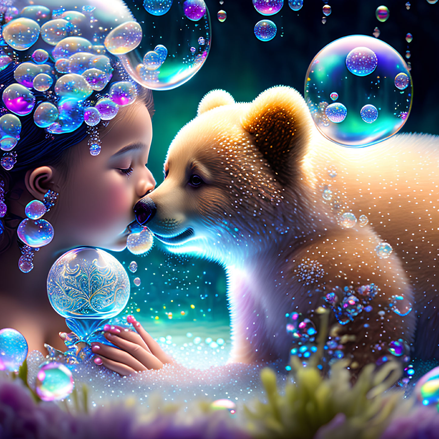 Young girl and fluffy dog surrounded by glowing bubbles in magical setting