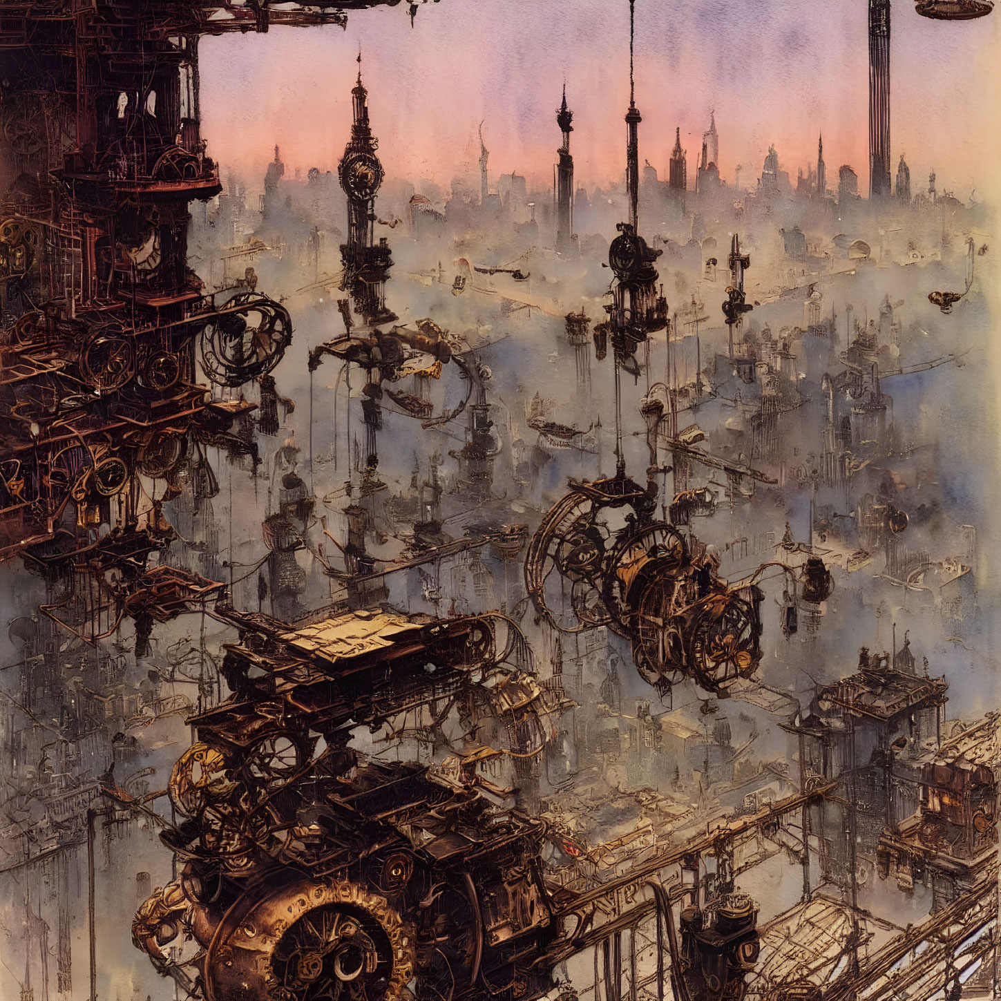 Dystopian steampunk cityscape with industrial machinery and towering spires