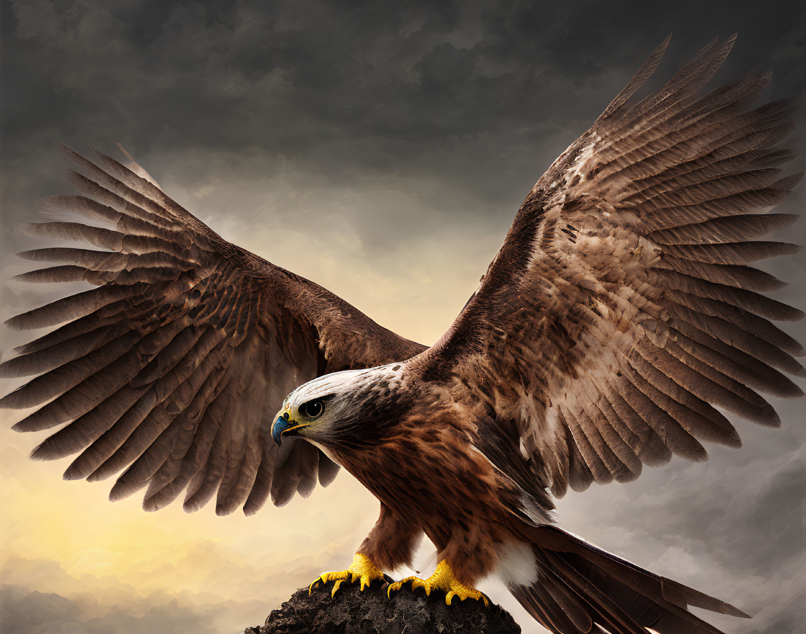 Majestic eagle perched on rock with outstretched wings under dramatic sky