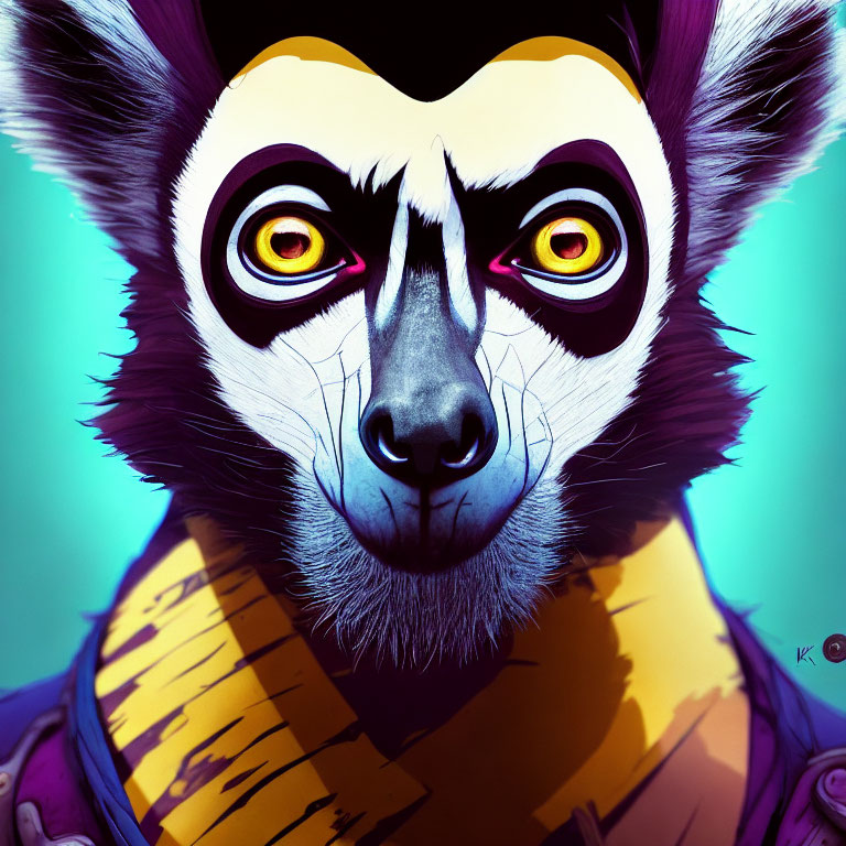 Stylized lemur with yellow eyes in striped scarf on teal background