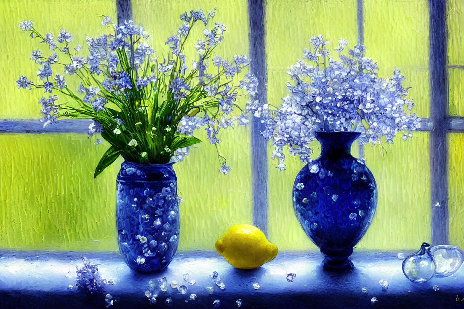 Blue vases and white flowers on windowsill with lemon and yellow window