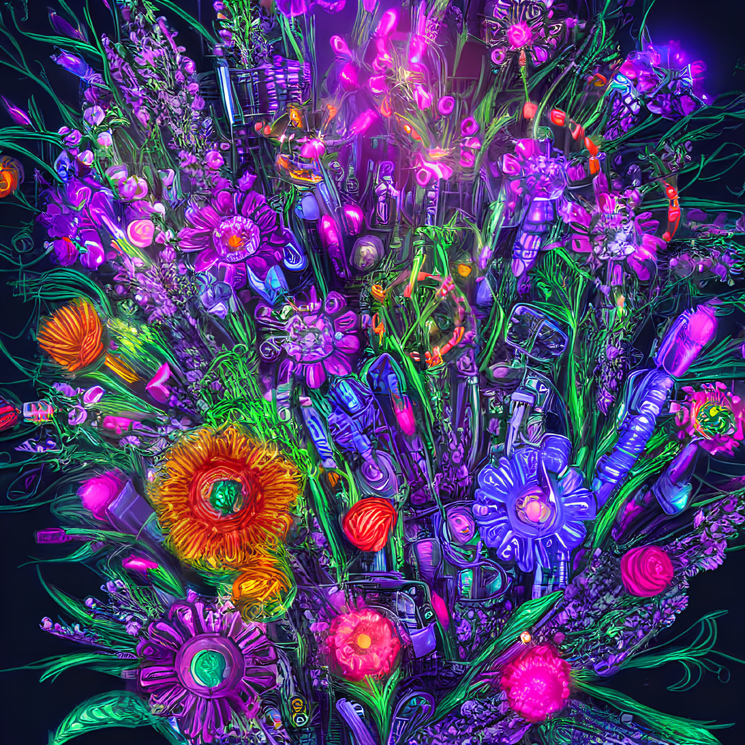 Neon-colored flowers and plants on dark background: Psychedelic garden scene