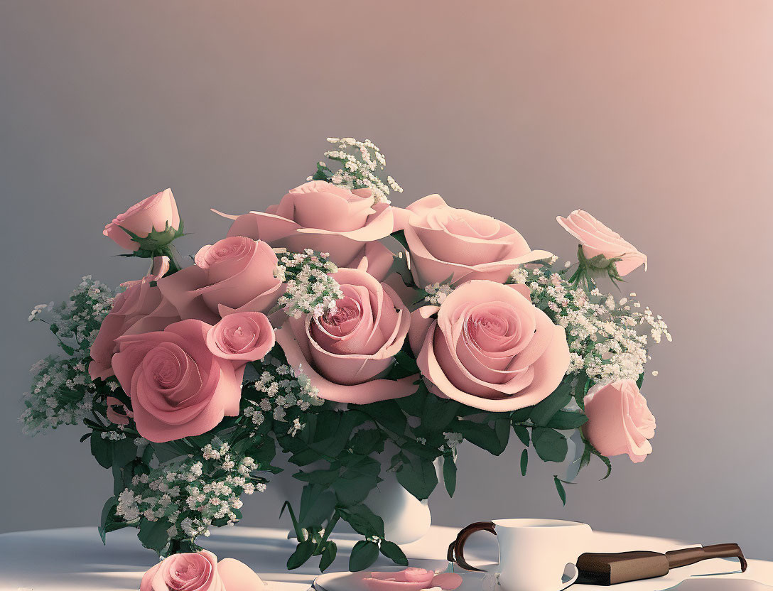 Pink roses and baby's breath bouquet next to spilled coffee in vase on neutral background