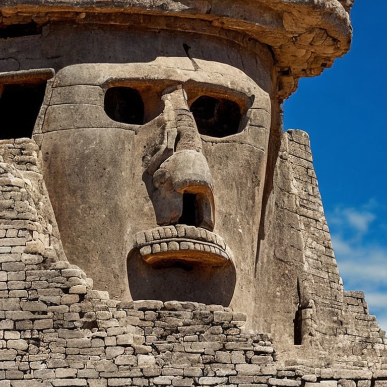 Ancient stone face sculpture with prominent eyes and mouth against blue sky