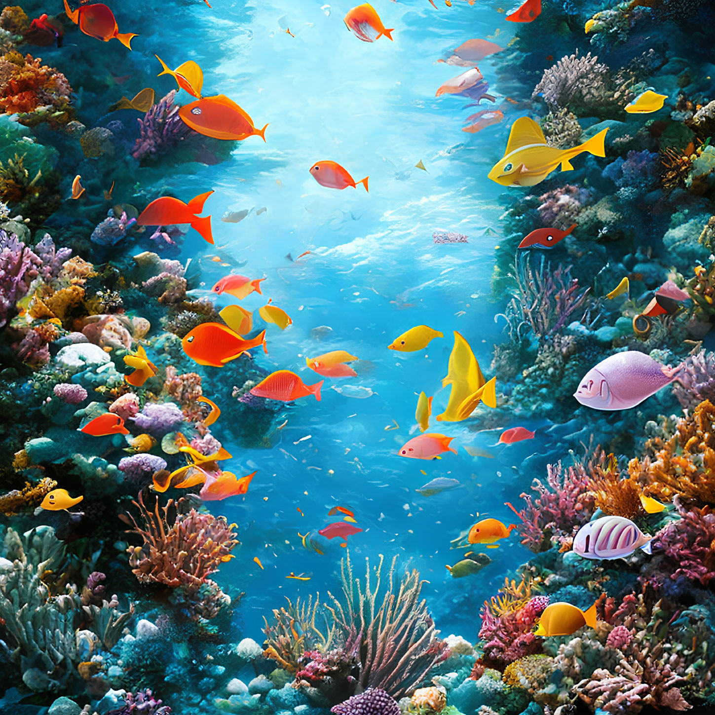 Colorful Fish and Coral Reefs in Vibrant Underwater Scene