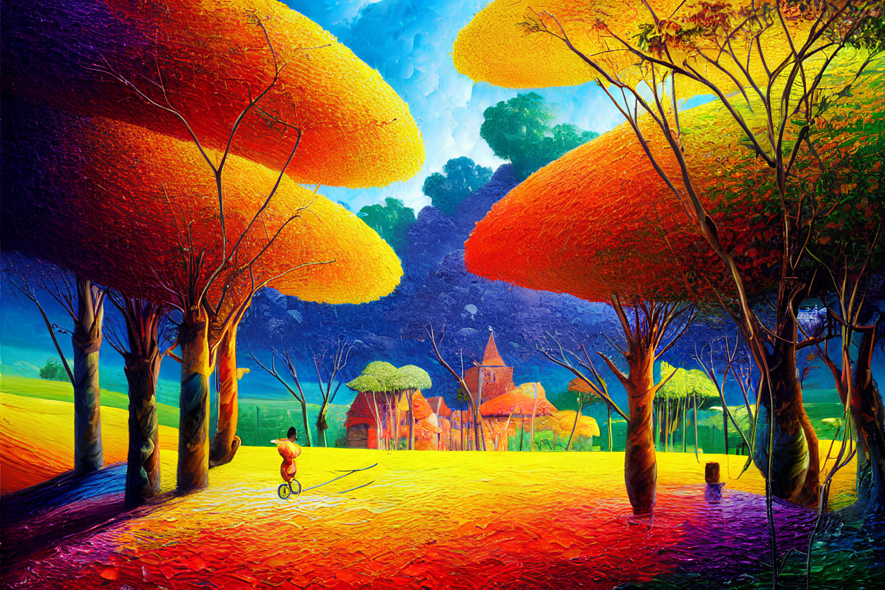 Colorful surreal landscape with orange trees, cyclist, and castle against blue sky