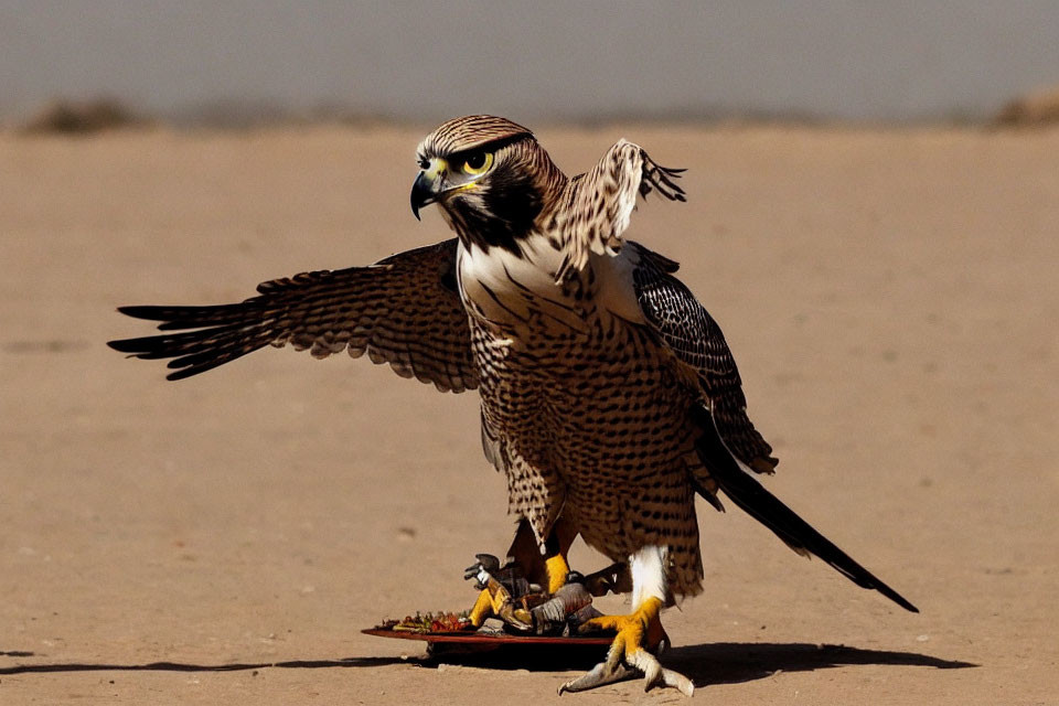 Falcon with Spread Wings Eating from Plate at Falconry Demonstration