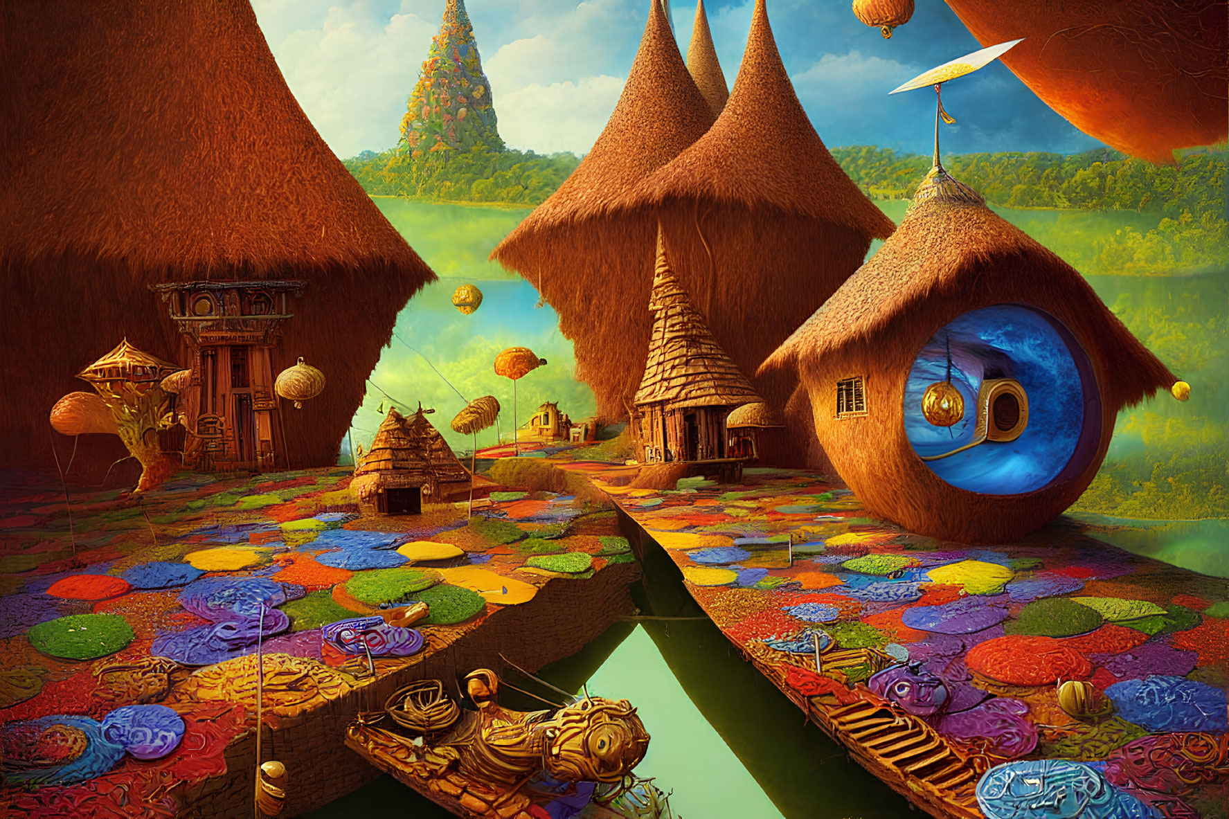 Colorful Round Paths and Thatched Roof Huts in Whimsical Village Scene