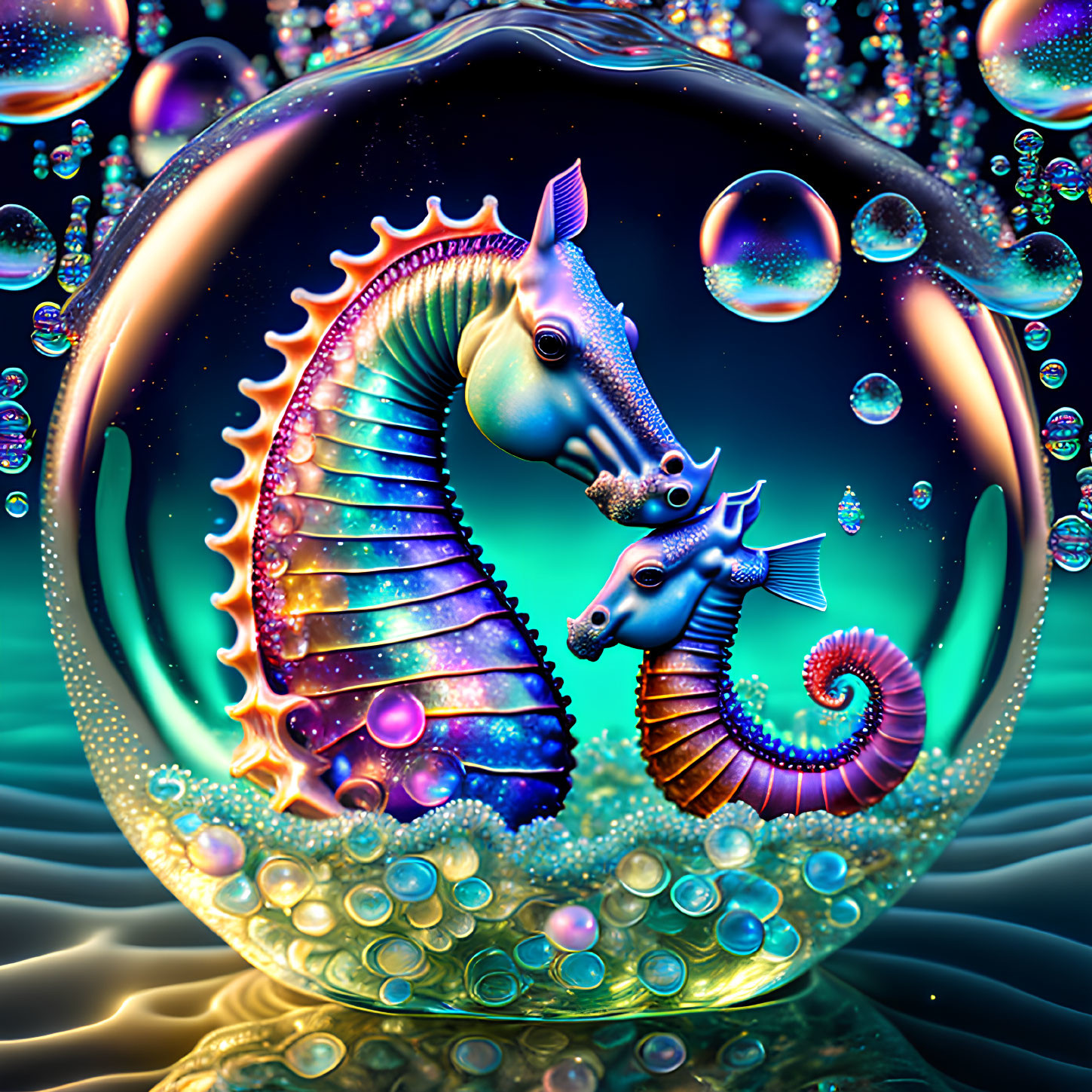 Colorful Fantastical Seahorses in Bubble on Liquid Backdrop