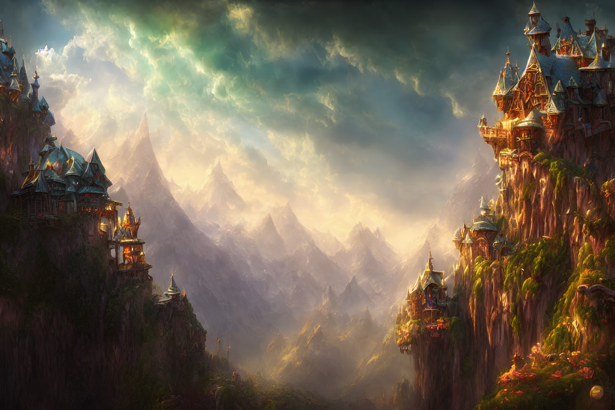 Majestic castles on steep cliffs in fantasy landscape