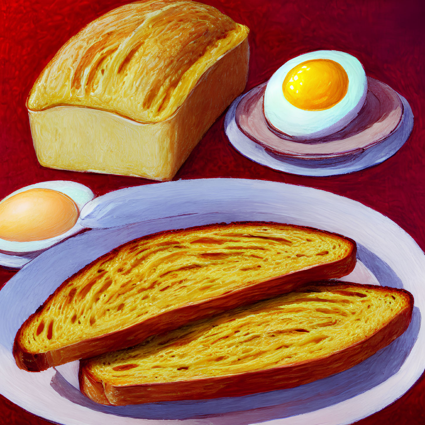 Still life with sliced bread, eggs, and loaf on plate - red background