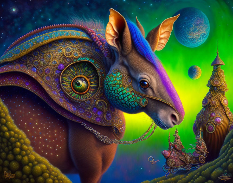 Colorful surreal illustration of fantastical creature in cosmic setting