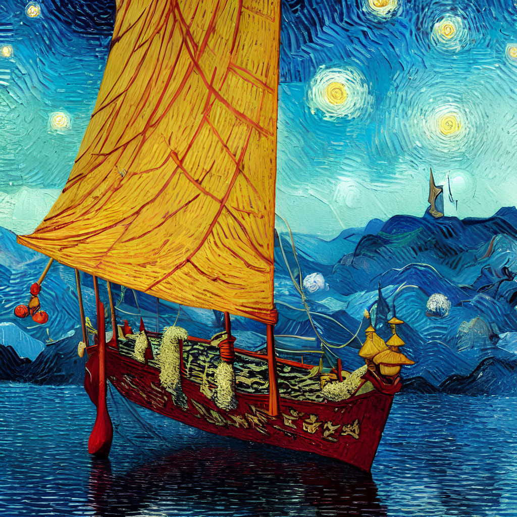 Stylized traditional sailing ship on Van Gogh-inspired sea