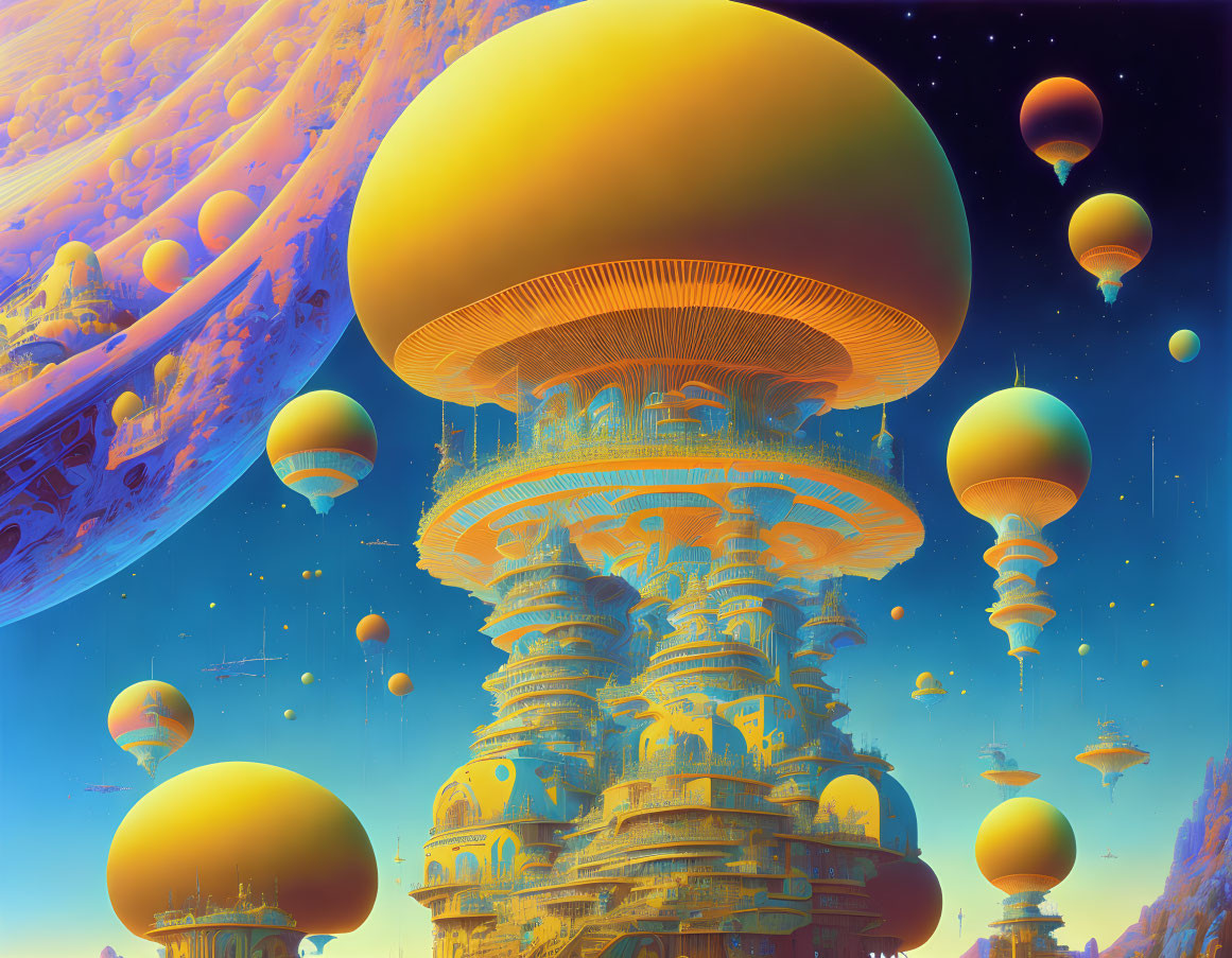 Colorful sci-fi landscape with mushroom-like structures and floating orbs