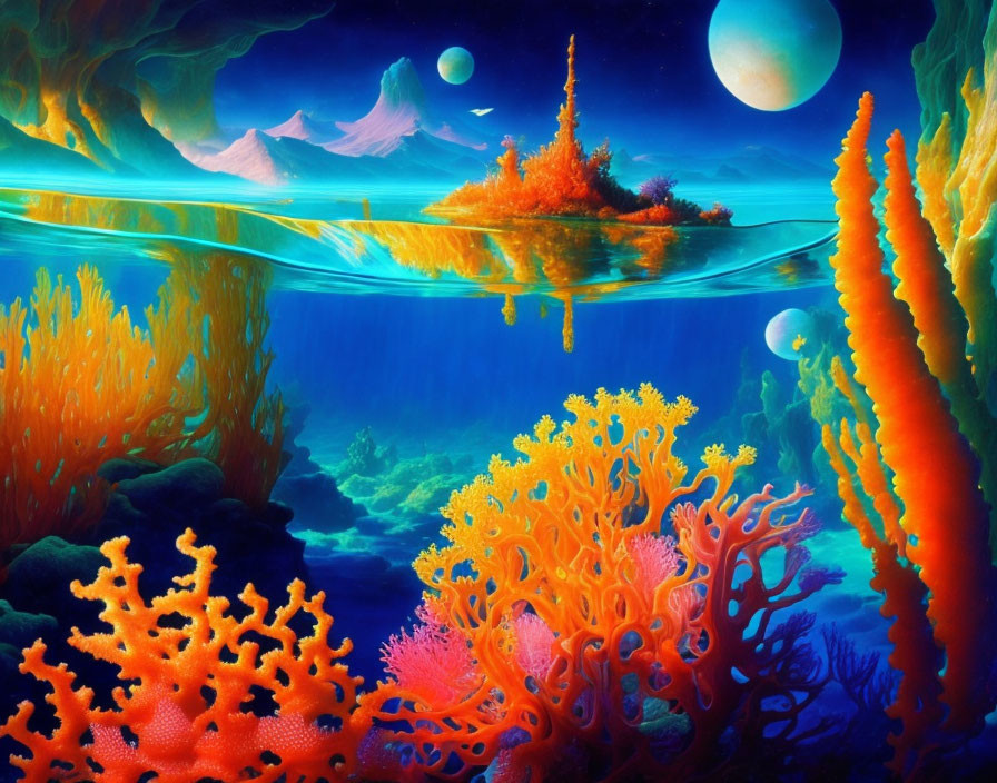 Colorful coral, island, moons, sky mountains - Vibrant underwater scene