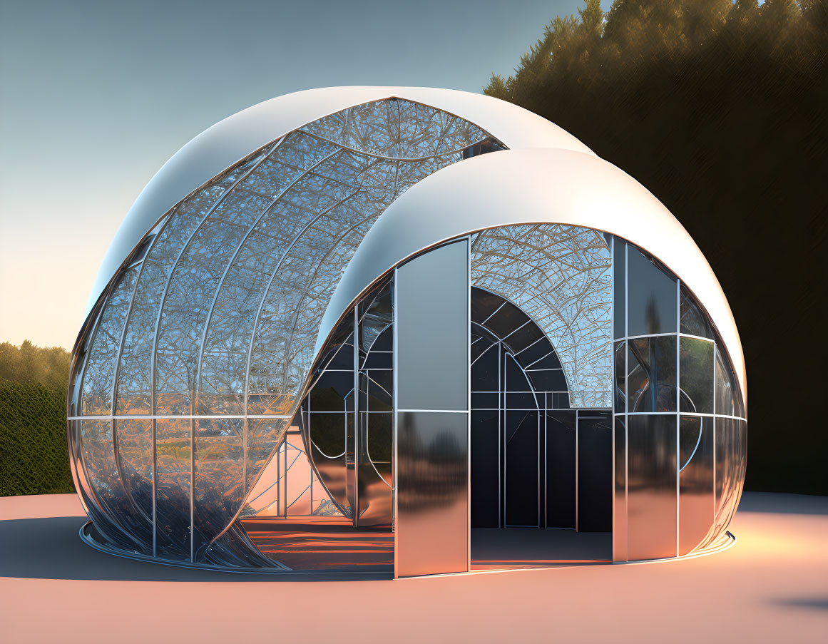 Transparent roof futuristic dome structure with metallic frame in nature setting at dusk