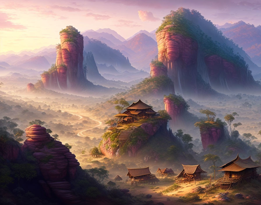 Mystical landscape with towering rock formations and pagoda-style houses at sunset