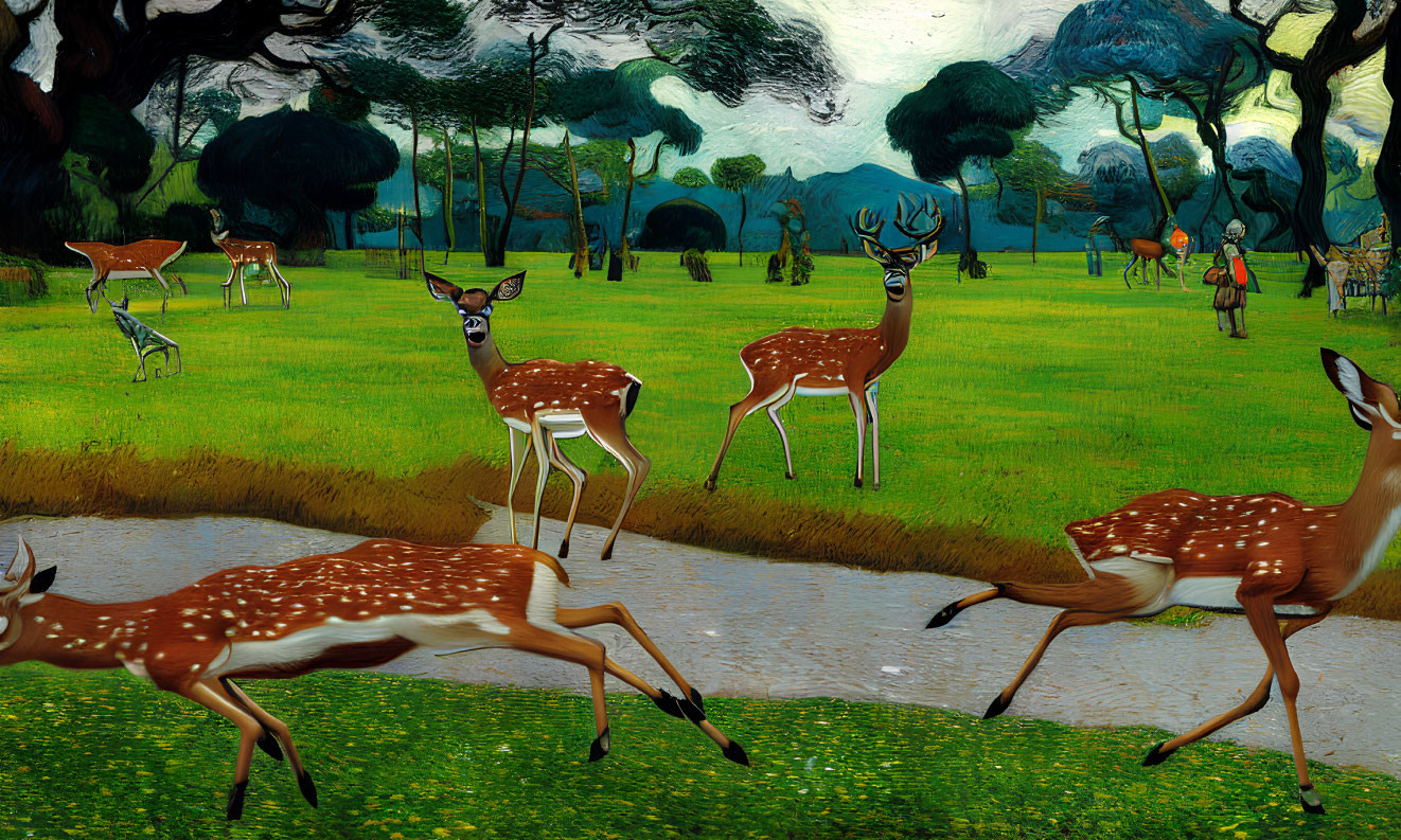 Spotted deer in whimsical forest with tree-shaped topiary