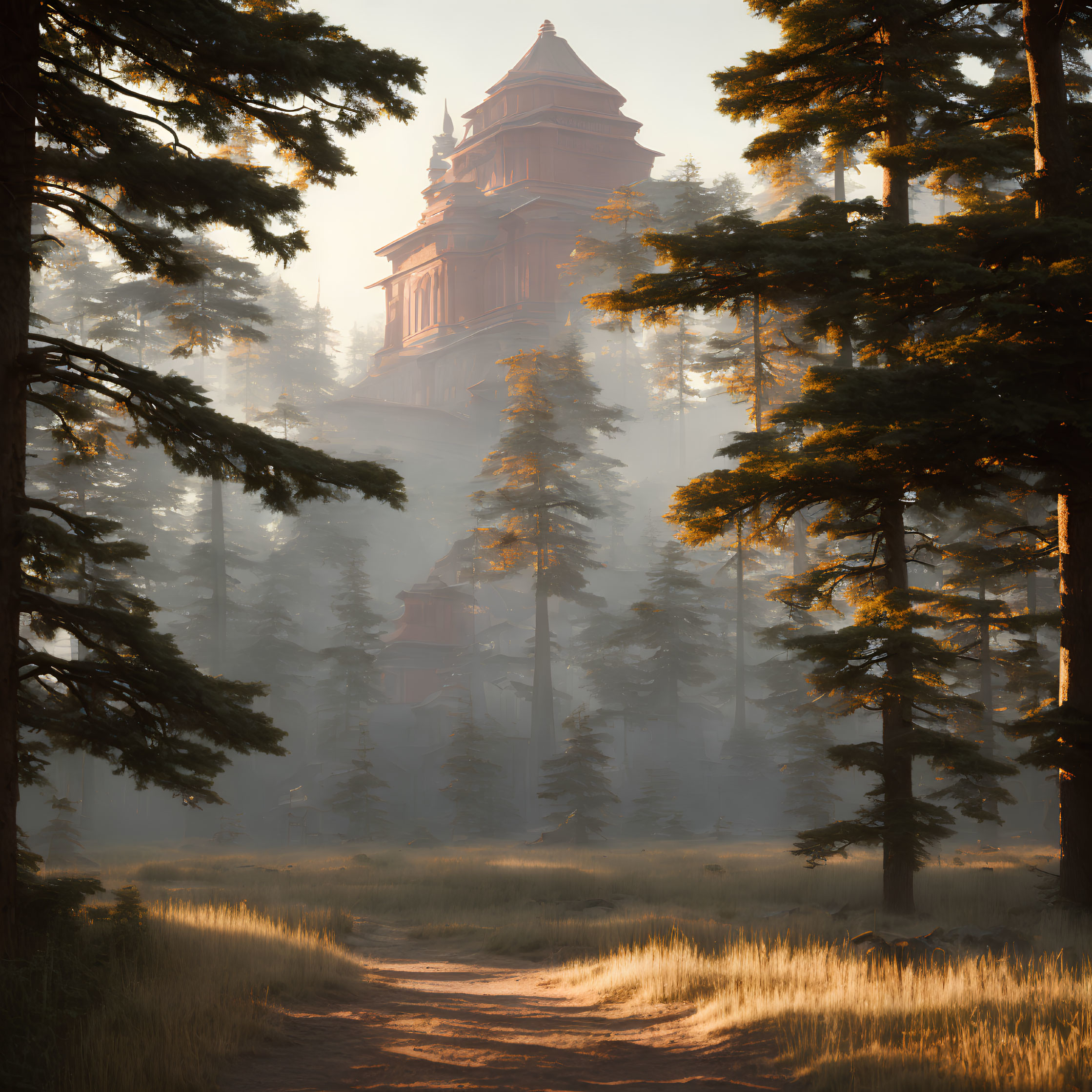 Tranquil forest landscape with sunlit path and pagoda structure