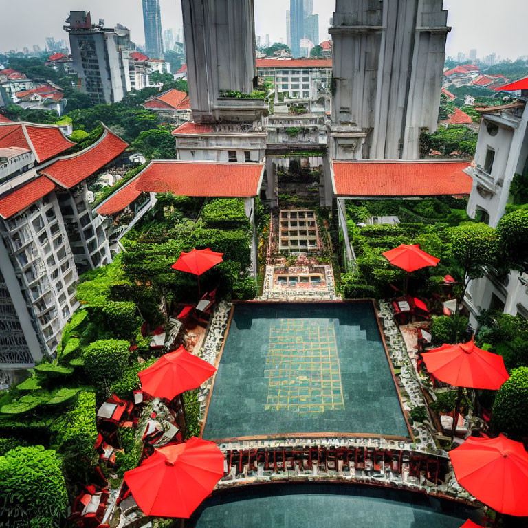 Luxury Hotel Courtyard with Swimming Pool and Red Umbrellas