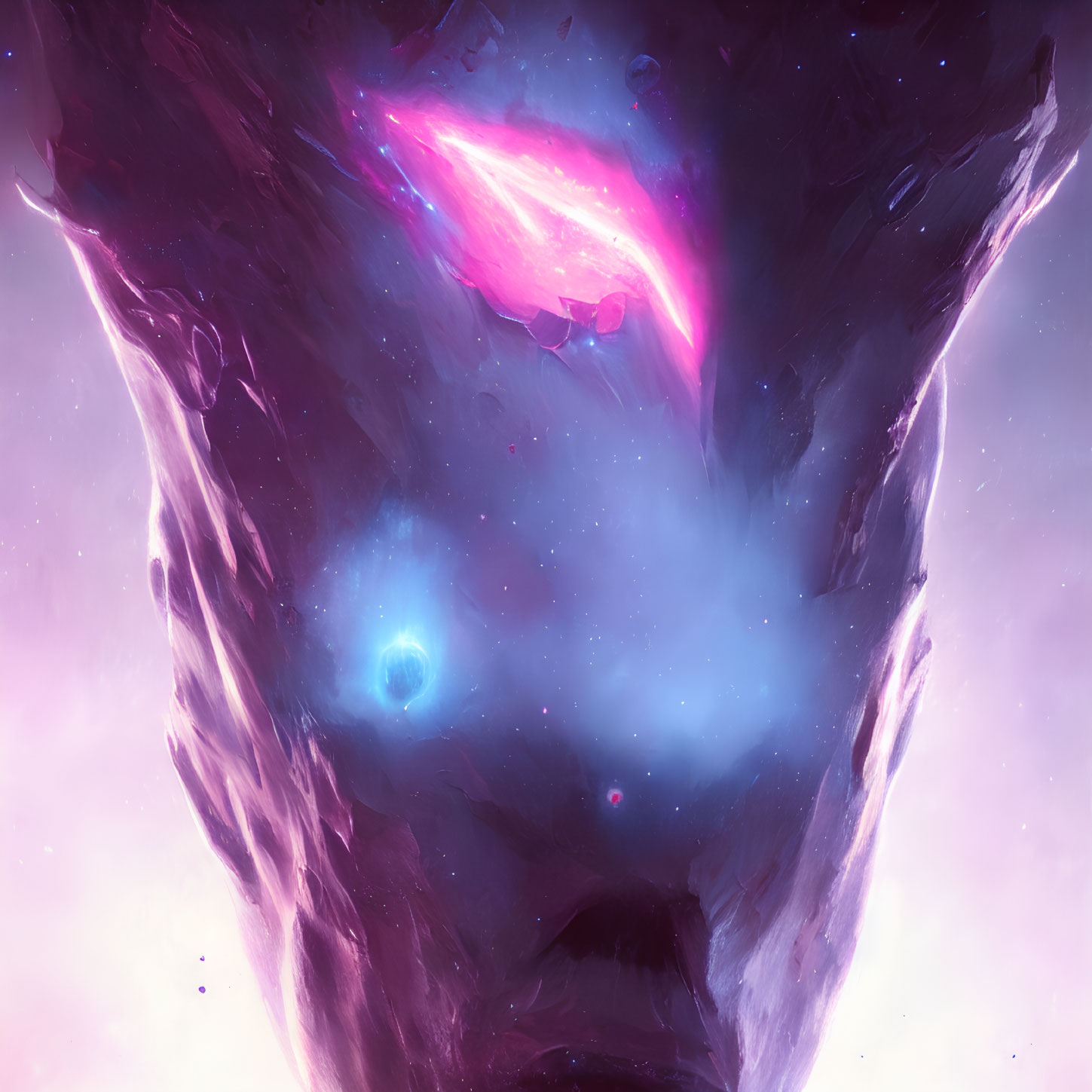 Surreal cosmic visage with nebulae eyes and galaxy mouth in pink and blue colors