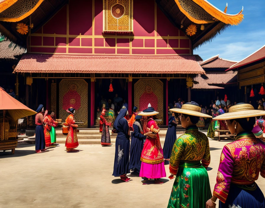 Traditional attired people at red and gold temple in cultural ceremony