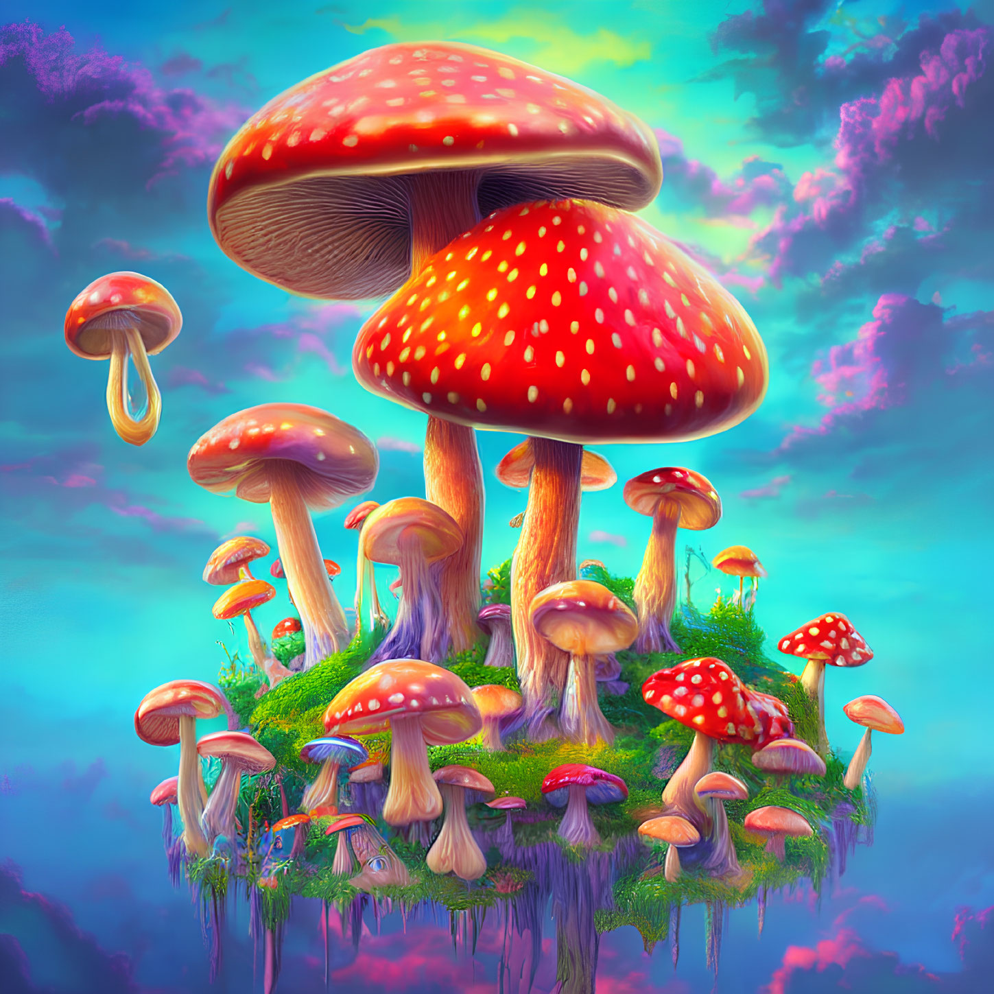 Colorful Mushroom Illustration on Floating Grass Patch Under Pink and Blue Sky