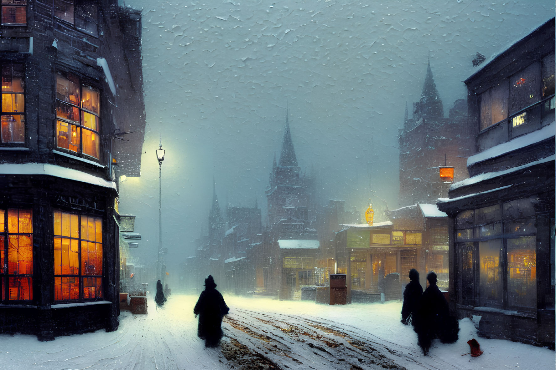 Snowy Evening Scene: People Walking Near Lit Shops, Glowing Streetlights, Church Spire visible