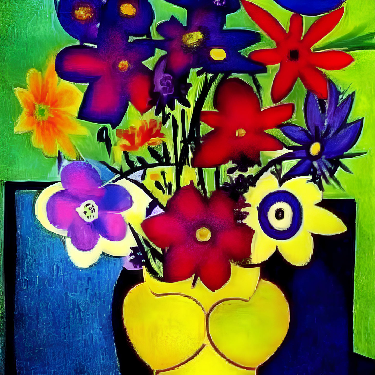 Colorful Abstract Flower Bouquet Painting in Yellow Vase