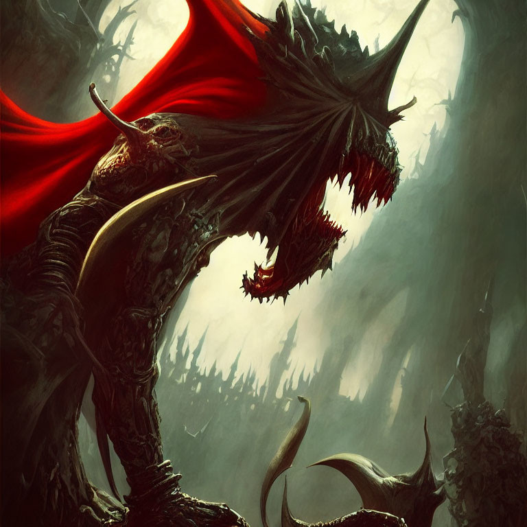 Dark fantasy illustration of skeletal dragon with large horns and tattered red wing in misty forest