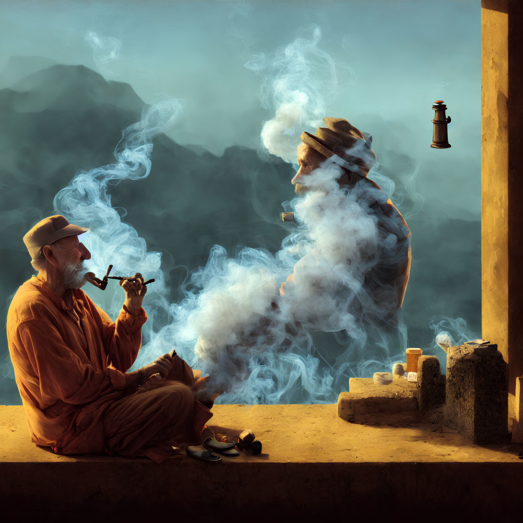 Elderly Man Smoking Pipe with Genie and Mountain Scenery