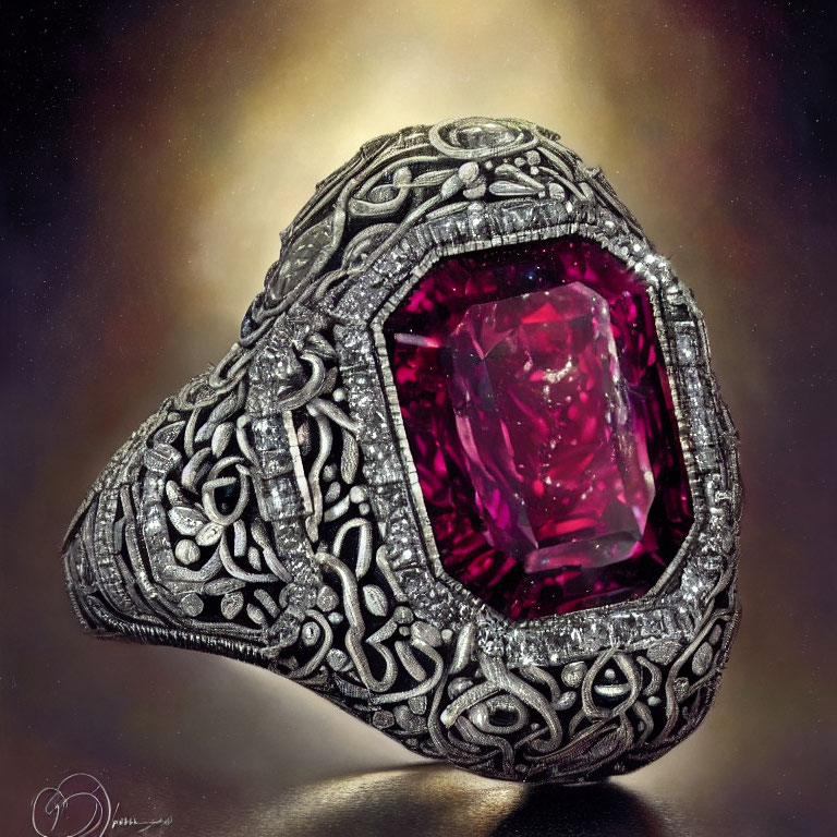 Vintage Ring with Large Pink Gemstone & Silver Filigree