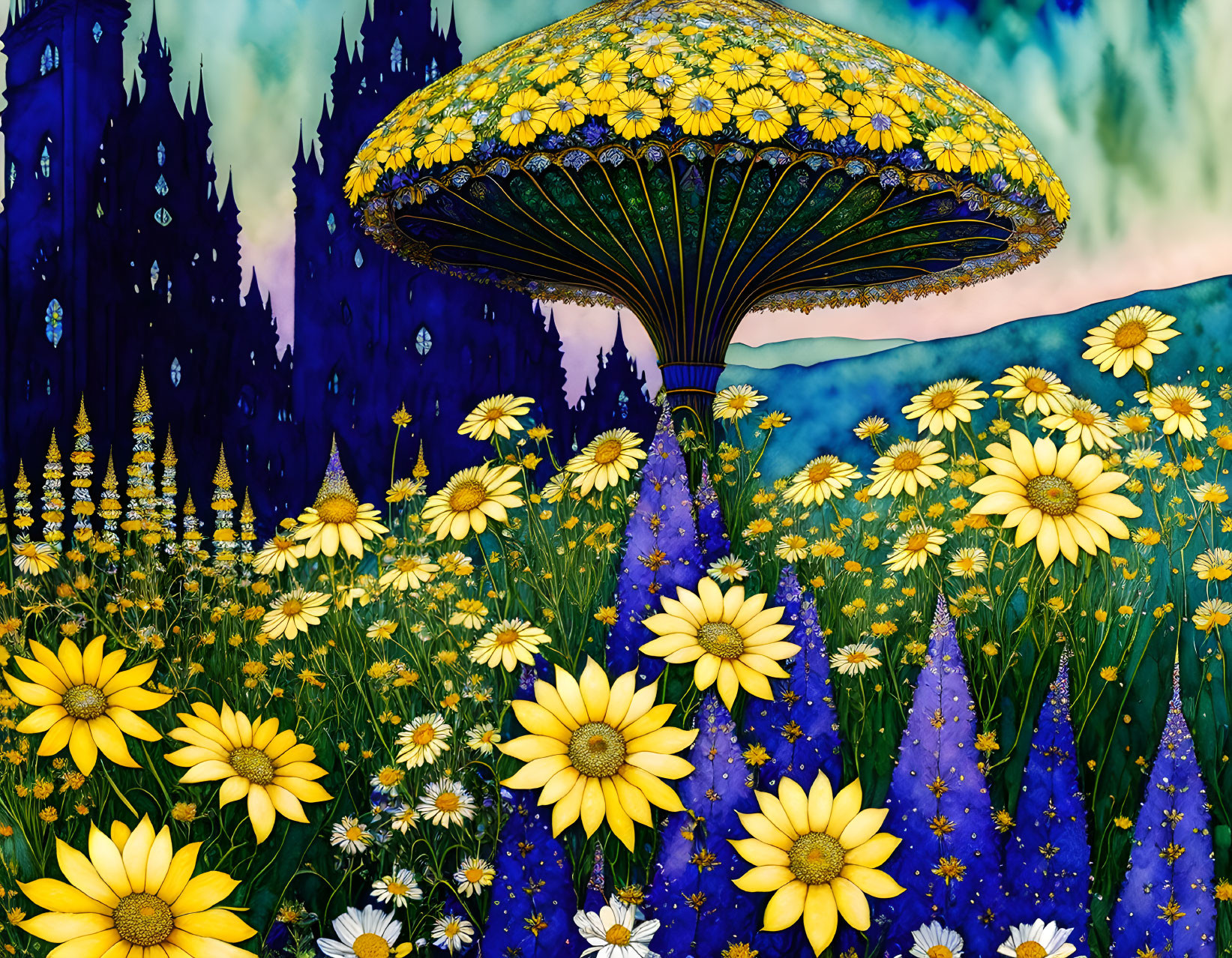 Colorful surreal landscape with large daisy-like mushroom and blooming yellow flowers.