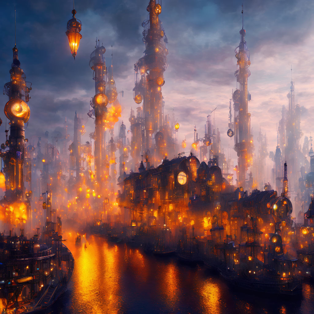 Majestic cityscape at dusk with glowing spires and serene river