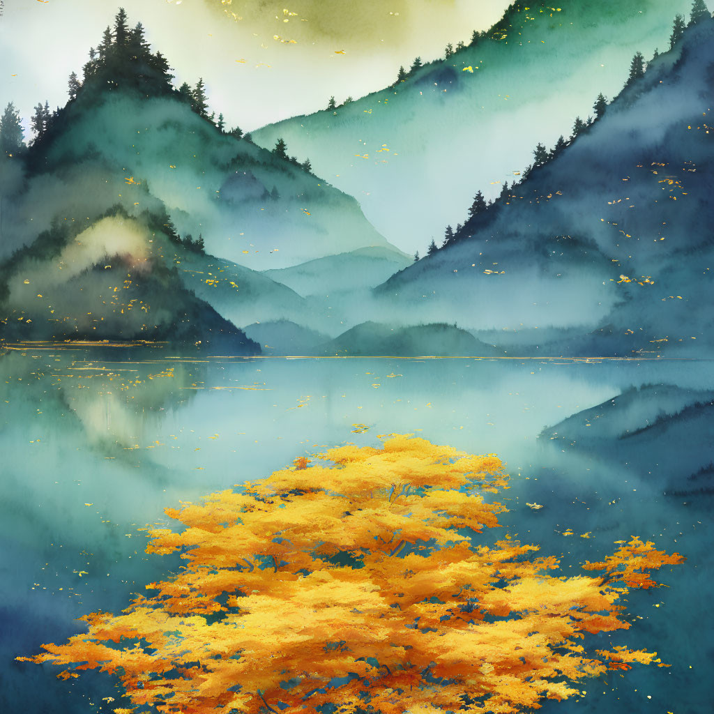 Tranquil watercolor: misty mountain, reflective lake, vibrant tree