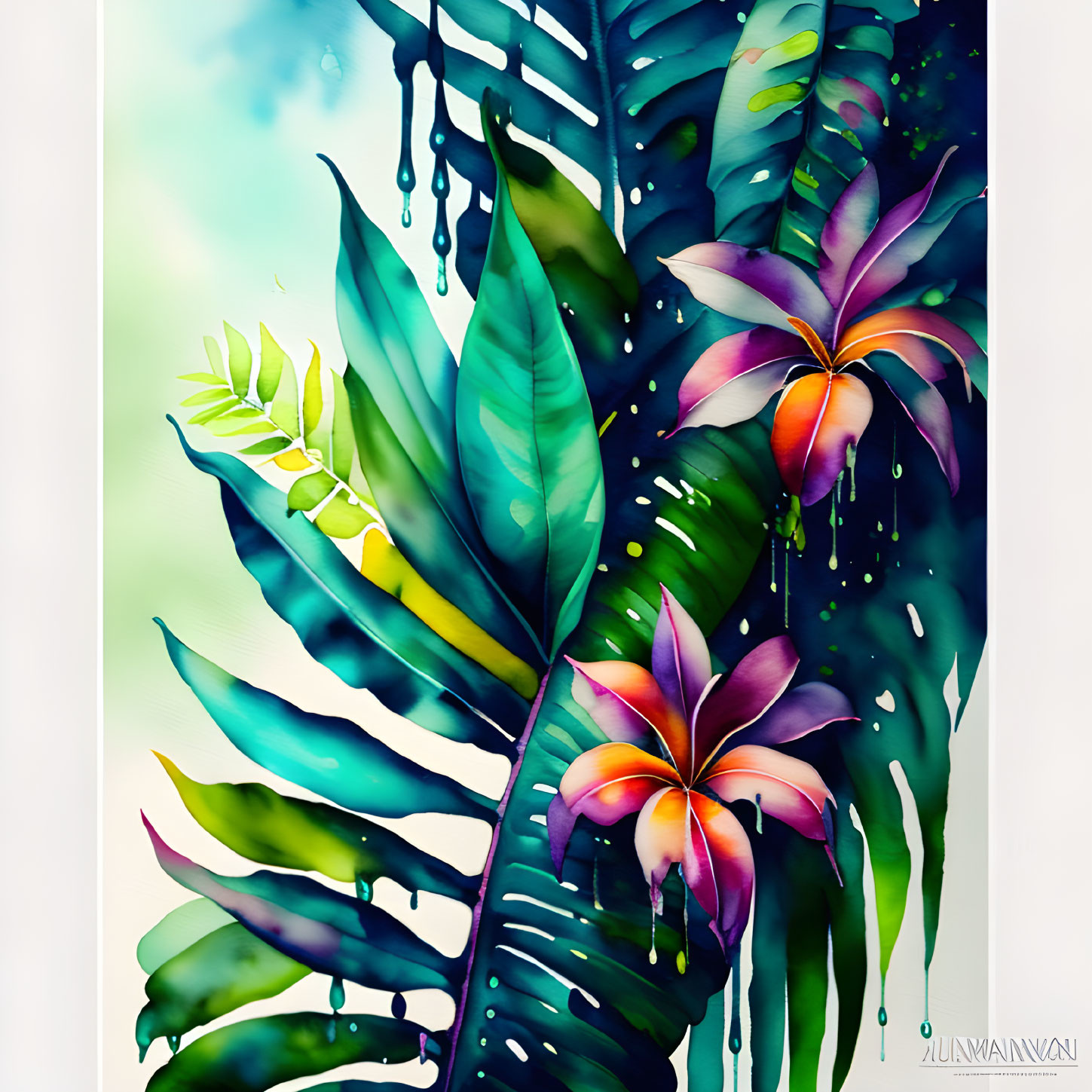 Colorful watercolor painting of tropical foliage and frangipani flowers on white background