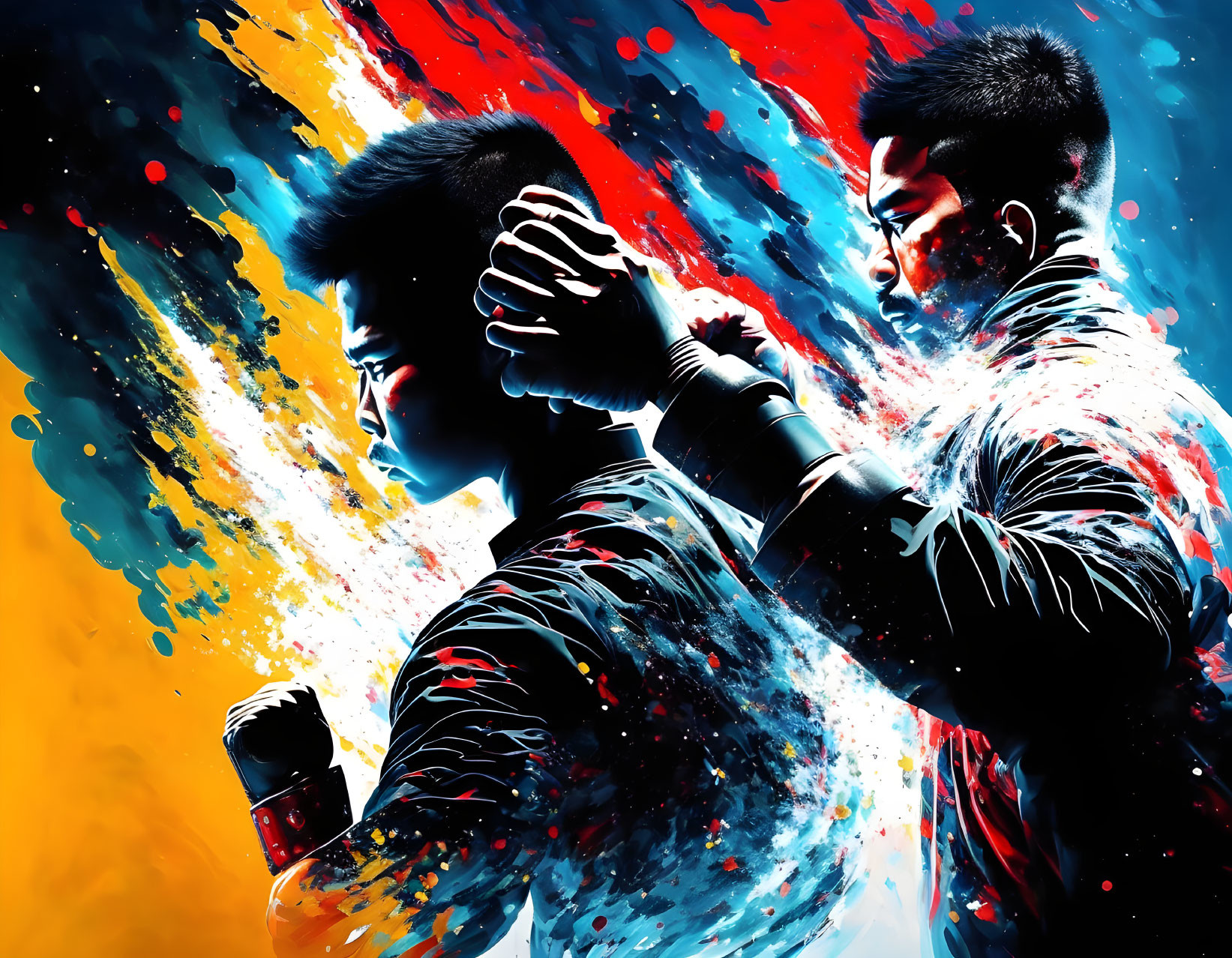 Stylized martial arts figures with dynamic colorful background